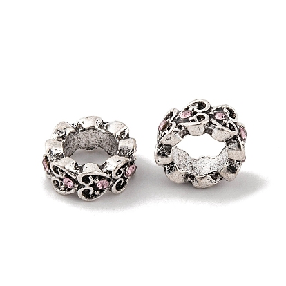 Rack Plating Alloy European Beads, with Rhinestone, Large Hole Beads, Heart