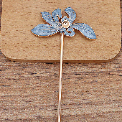 Alloy Enamel Hair Stick Findings, Round Bead Settings, with Iron Pins, Orchid Flower