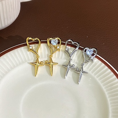 Женские серьги-подвески из латуни с прозрачными кубическими циркониями в форме сердца и звезды., асимметричные серьги