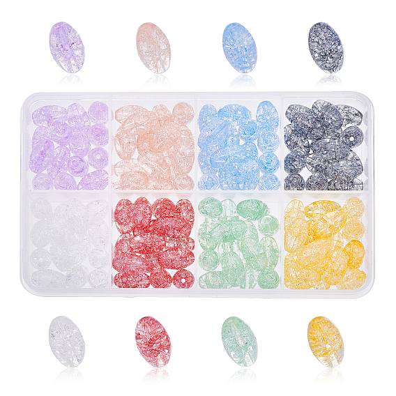 120Pcs 8 Colors Transparent Crackle Glass Beads Strands, Dyed & Heated, Oval