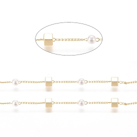 Brass Handmade Beaded Chain, Curb Chains, with CCB Plastic Imitation Pearl Bead, Long-Lasting Plated, Soldered, with Spool, Cube