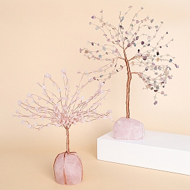 Natural Gemstone Chips Tree of Life Decorations, Rose Quartz Base Copper Wire Feng Shui Energy Stone Gift for Home Desktop Decoration