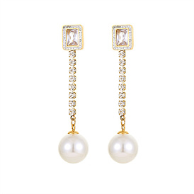 304 Stainless Steel Dangle Earrings for Women, Drill with Pearls