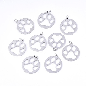 304 Stainless Steel Pendants, Laser Cut, with Jump Rings, Flat Round with Dog Footprint