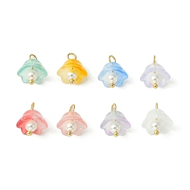 Transparent Spray Painted Glass Charms, with Shell Pearl Beads & Brass Loops, Flower Charm