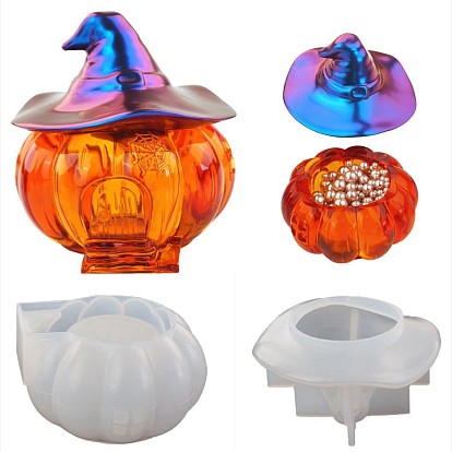 DIY Pumpkin Jack-O'-Lantern Storage Box Silicone Molds Kit, including 1Pc Box Molds, 1Pcs Lid Molds, Resin Casting Molds, Halloween Theme