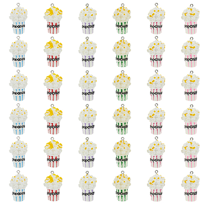 36Pcs 6 Colors Opaque Resin Pendants, Popcorn, with Platinum Tone Iron Loops