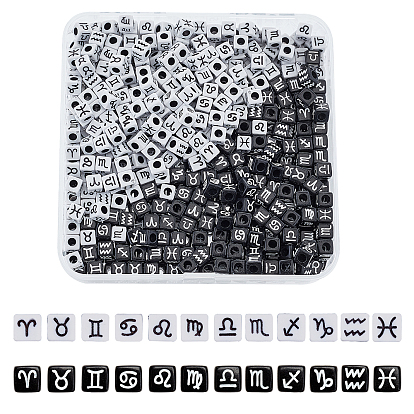 180g 2 Colors Opaque Acrylic Beads, Cube with Twelve Constellation/Zodiac Sign