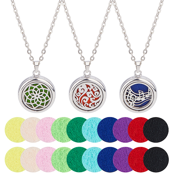 3 Stück 3 Stile Edelstahl Hohl Medaillon Anhänger Halsketten mit ätherischem Öl-Diffusor, mit 3 Beuteln austauschbaren Duftpads, Edelstahl Farbe