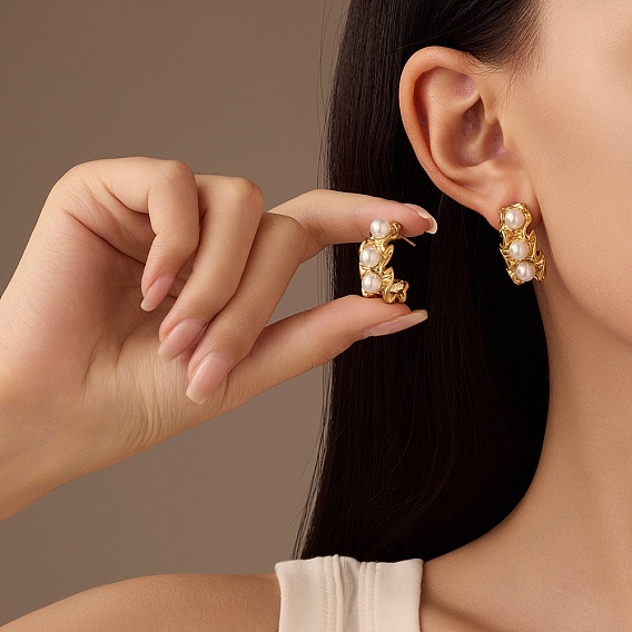 304 серьги-гвоздики из нержавеющей стали с имитацией жемчуга, c-образный