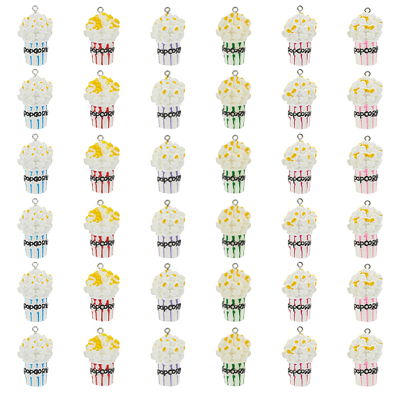 36Pcs 6 Colors Opaque Resin Pendants, Popcorn, with Platinum Tone Iron Loops