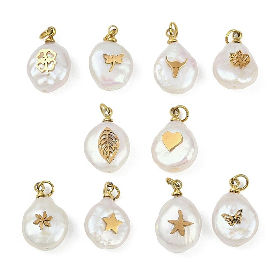 Натуральные кеши жемчужные подвески, подвески-слезинки с 316 ломтиками из нержавеющей стали, ионное покрытие (ip), реальный 18 k позолоченный, цветочный белый