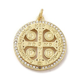 Brass Micro Pave Cubic Zirconia Pendants, with Jump Ring, Flat Round with Cross