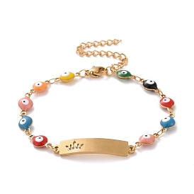 Vacuum Plating 304 Stainless Steel Rectangle with Crown Link Bracelet, Colorful Enamel Evil Eye Chains Bracelet for Women