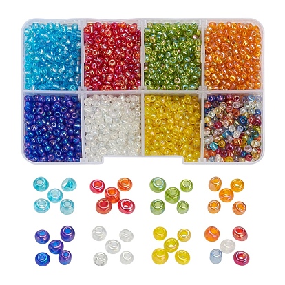 120g 8 Colors Round Glass Seed Beads, Transparent Colours Rainbow, Round