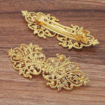 Brass Filigree Hair Barrette, Hollow out, with Iron Findings, Flower