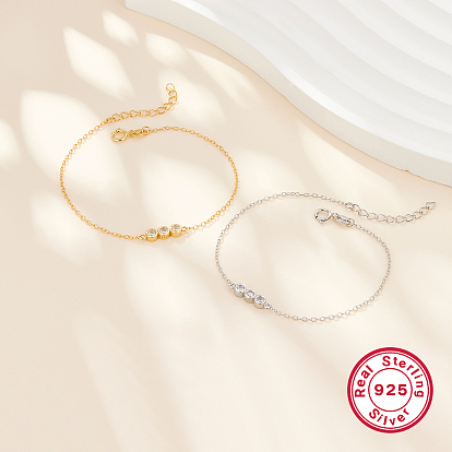 S925 Sterling Silver Clear Cubic Zirconia Flat Round Link Bracelets, Cable Chain Bracelets for Women