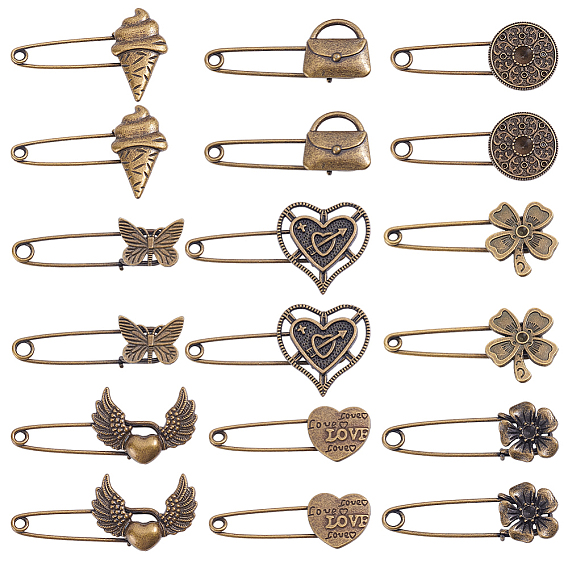 18 piezas 9 estilos de alfileres de aleación para falda escocesa para ropa de mochila, Bronce antiguo