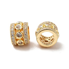 Brass Cubic Zirconia Large Hole Beads, Real 18K Gold Plated, Column
