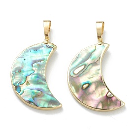 Natural Abalone Shell/Paua Shell Pendants, with Golden Plated Brass Findings, Moon