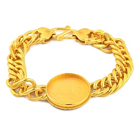 Brass Cuban Link Chain Bracelets Findings, Flat Round Tray Fit for Cabochons, with Heart Clasps, Lead Free & Cadmium Free