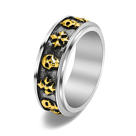 Skull & Cross Titanium Steel Rotating Finger Ring, Fidget Spinner Ring for Calming Worry Meditation