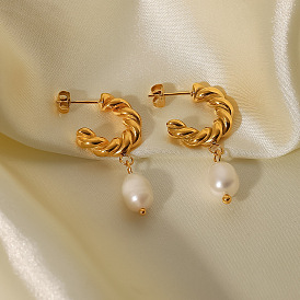 18K Gold Plated Stainless Steel C-shaped Freshwater Pearl Women's Fashion Earrings