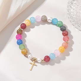 304 браслеты с подвесками в виде маленького крестика из нержавеющей стали, Эластичные браслеты из бусин с эффектом кракелюра для женщин, круглые, с жемчугом из раковины 