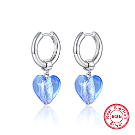 925 Sterling Silver Hoop Earrings, Lampwork Heart Drop Earrings, with 925 Stamp