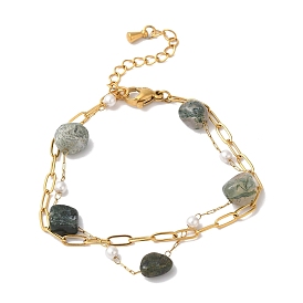 Nuggets Natural Moss Agate & Imitation Pearl Multi-Strand Bracelets, Ion Plating(IP) 304 Stainless Steel Paperclip Chain Bracelets for Women