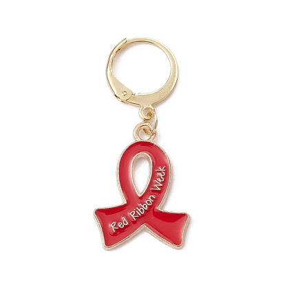AIDS Awareness Ribbon Alloy Enamel Pendant Locking Stitch Markers, Crochet Leverback Hoop Charms
