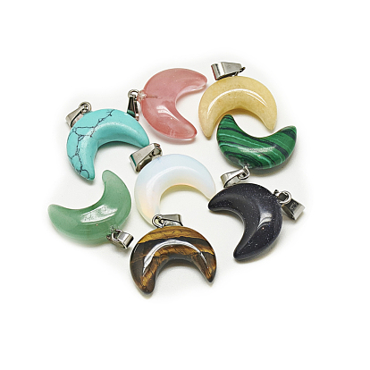 Gemstone Pendants, with Stainless Steel Snap On Bails, Moon