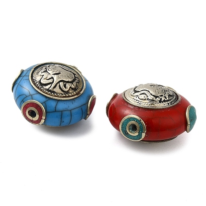 Handmade Tibetan Style Beads, with Synthetic Turquoise & Imitation Beeswax & Brass Findings, Flat Round