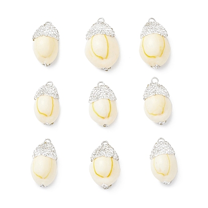 Natural Sea Shell Pendants, Oval Charms with Polymer Clay Rhinestone and Platinum Tone Brass Loops