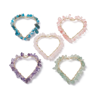 Pendentifs enveloppés de fil de cuivre de puces de pierres précieuses mélangées, charmes de coeur en laiton, réel 18 k plaqué or