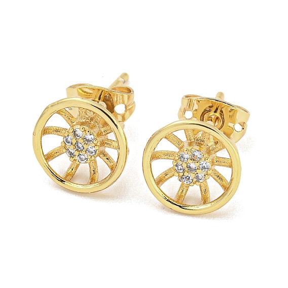 Brass Micro Pave Cubic Zirconia Stud Earrings, Wheel Shape