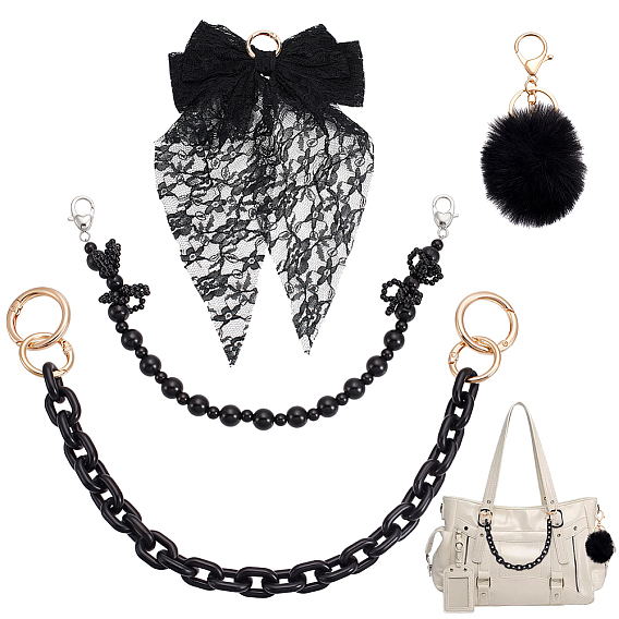 Silk Ribbon Bowknot Tote Bag Embellishments, with Plastic Curb Chain Charm Purse Chains and Pom Pom Ball Pendant Decoration, Golden
