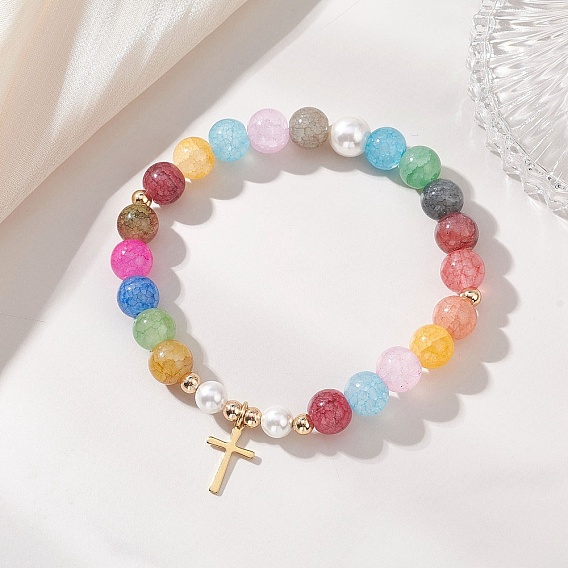 304 браслеты с подвесками в виде маленького крестика из нержавеющей стали, Эластичные браслеты из бусин с эффектом кракелюра для женщин, круглые, с жемчугом из раковины 