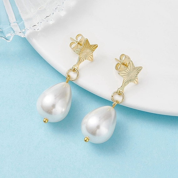 Серьги-гвоздики из натурального жемчуга из латуни с каплевидной формой и звездой