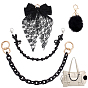 Silk Ribbon Bowknot Tote Bag Embellishments, with Plastic Curb Chain Charm Purse Chains and Pom Pom Ball Pendant Decoration, Golden