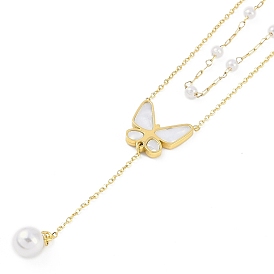 Ion Plating(IP) 304 Stainless Steel Pave Shell Double Layer Butterfly Pendant Necklaces for Women, with Plastic Pearl