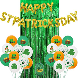 Saint Patrick's Day Theme Aluminum Party Decoration Kit, Including Tassel Banner, Word Happy Stpatricksday & Clover & Hat & Box Balloon, Silk Ribbon for Party Home Decoration