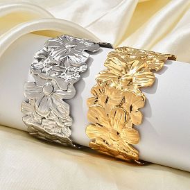 304 Stainless Steel Cuff Bangles for Women, Flower