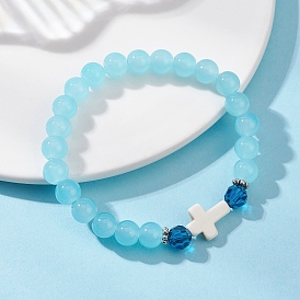 Круглые эластичные браслеты из искусственного нефрита, окрашенные распылением, крестик, с синтетической бирюзой и бусинами из сплава