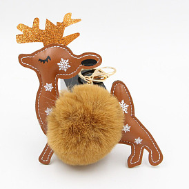 Adorable Reindeer and Deer Pom-Pom Keychains - Cute Cartoon Animal Charms for Christmas Gifts