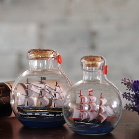 Glass Bottle Display Decorations, with Resin Sailboat, Home Decoration