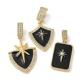 Brass Micro Pave Clear Cubic Zirconia European Dangle Charms, Black Enamel Large Hole Pendants, Real 14K Gold Plated