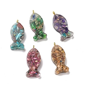 Transparent Resin Natural Imperial Jasper Dyed Chips Pendants, with Golden Tone Brass Loops, Fish Charm