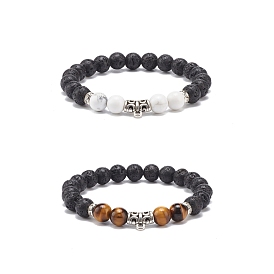 2Pcs 2 Style Natural Howlite & Tiger Eye & Lava Rock Stretch Bracelets Set with Alloy Tube, Essential Oil Gemstone Jewelry for Women
