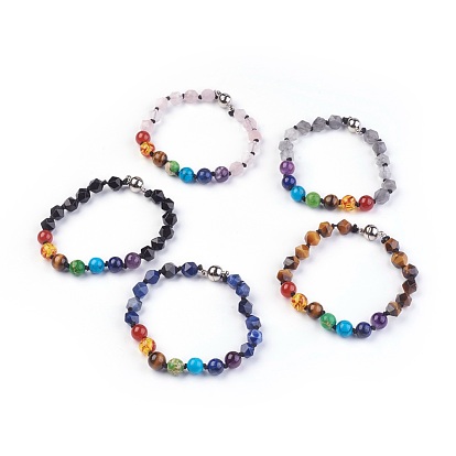 Chakra Jewelry, Natural Gemstone Bracelets, with Brass Magnetic Clasps, Round Mixed Stone and Resin Beads